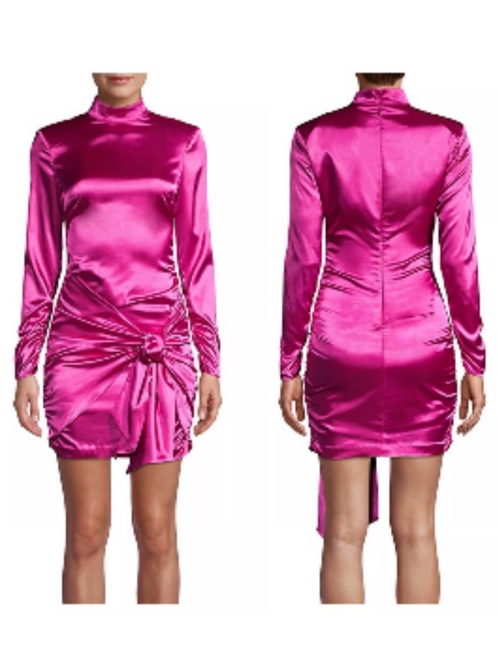LIKELY mock neck hot pink satin long sleeve ruched tie mini dress
